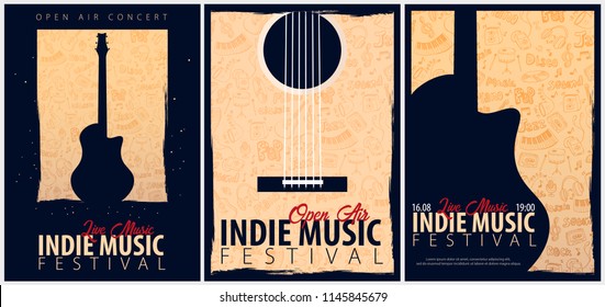 Indie Music Festival. Open Air. Set of Flyers design Template with hand-draw doodle on the background