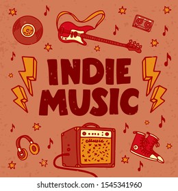 Indie music festival poster or flyer template. Illustration of music related objects such as guitar, sound amplifier, indie rock inscription. Template for banner, card, poster, flyer. Vector