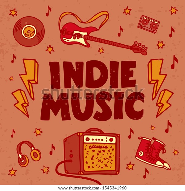 Indie music festival poster or flyer template.
Illustration of music related objects such as guitar, sound
amplifier, indie rock inscription. Template for banner, card,
poster, flyer. Vector