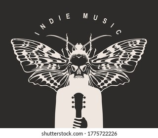 Indie music festival poster with a mysterious winged creature with a moth instead of a head, who holds a guitar. Creative vector illustration, suitable for banner, flyer, invitation, playbill, cover