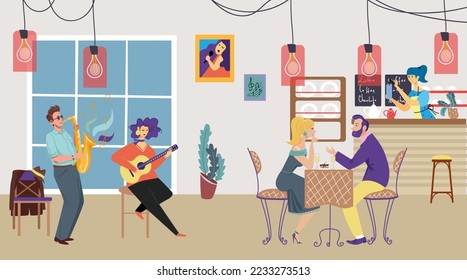 Indie music group performance play together guitar and sing song, lovely romantic dinner couple in comfortable restaurant flat vector illustration.