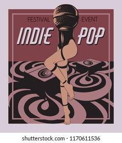 Indie music. Vector poster with hand drawn illustration of microphone with female legs. Template for card, banner, print for t-shirt, pin, badge, patch.