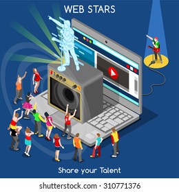 Indie Music Webstar Pop Rock Band Song Interacting People Unique Isometric 3D Flat Vector Icon Set Laptop Web Superstar Creative Talent Show Concept Illustration JPEG JPG EPS 10 Image AI Picture Art