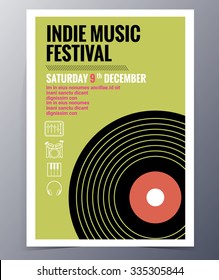 Indie musician concert show poster with gramophone record vector illustration