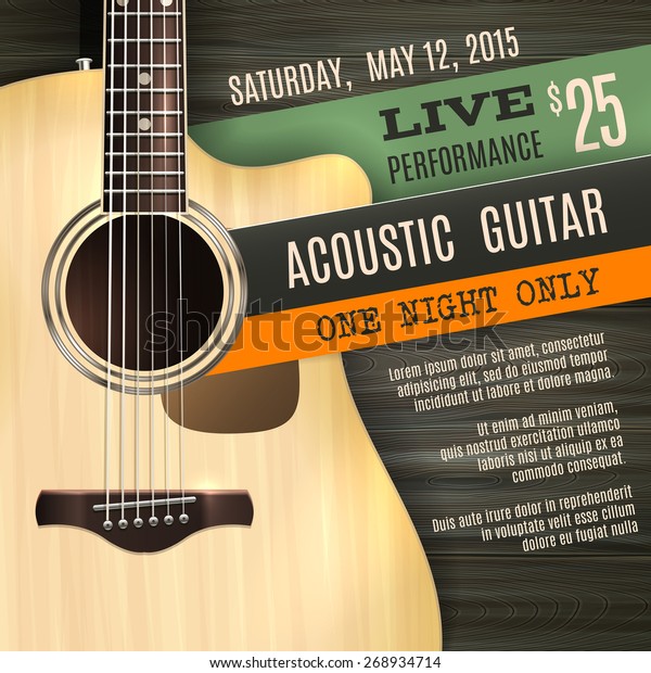 Indie musician concert show poster with\
acoustic guitar vector\
illustration