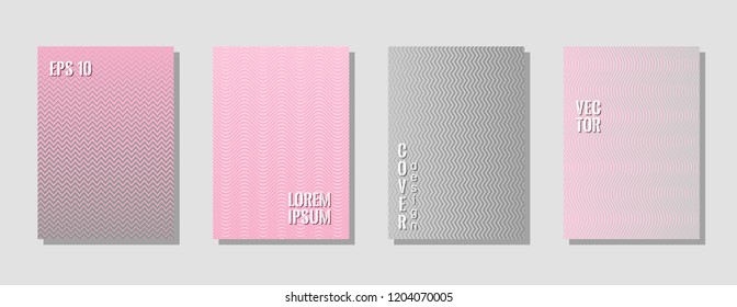 Indie pink grey style zig zag banner templates, wavy lines gradient stripes backgrounds for advertising cover. Curve shapes stripes, zig zag edge lines halftone texture gradient posters set.