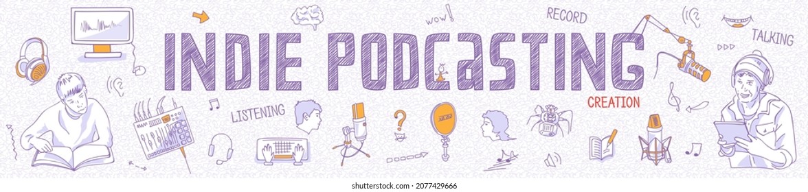 Indie podcasting. Horizontal header for podcast’s creators with outline icons showing 2 men and special equipment for sound recording: microphones, headphones, mixer, computer. Panoramic view, vector