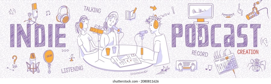 Indie podcasting. Horizontal header for podcast's creators with outline icons showing 2 men and special equipment for sound recording: microphones, headphones, mixer, computer. Panoramic view, vector