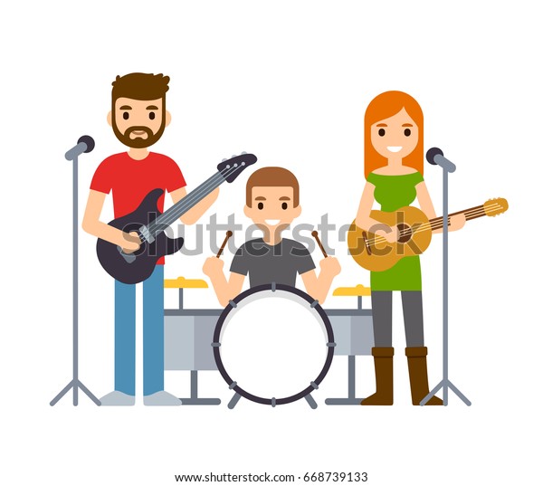 インディー ロック バンド ギターとドラマーを持つ男女の歌手 かわいい動画のベクター画像ミュージシャンのイラスト のベクター画像素材 ロイヤリティフリー