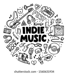 Indie rock circle composition. Black and white illustration of music related objects such as guitar, sound amplifier, rock inscriptions. Template for tattoo list, card, poster, t-shirt print, pin