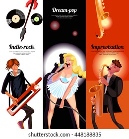 Indie rock dream pop and improvisation vertical bookmarks like banners drawn in cartoon style vector illustration