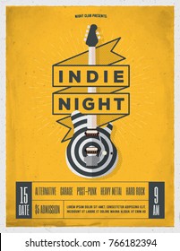 Indie Rock Music Night Party, Festival Flyer, Poster, Banner Template For Your Event. Trendy Vintage Styled Vector Illustration.