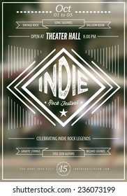 Indie Rock Music Poster Template. Text Instructions Included In Hidden Layer. Vector Blurred City Downtown Background. 
