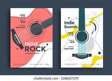 Indie Rock Poster design template with the stylized acoustic guitar. Music festival pop punk flyer design in minimalist style.