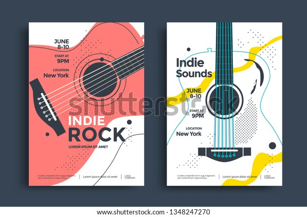 Indie Rock Poster design template with the
stylized acoustic guitar. Music festival pop punk flyer design in
minimalist style.