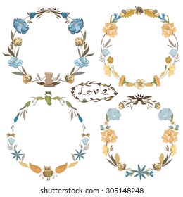 Indie Style Vector Wreath Set | Hand-painted sketch doodle floral hippie circle frames collection isolated on white background