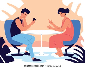 indifferent couple with phone sitting