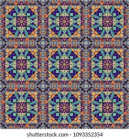 Indifferent discreet. Curved doodling mehndi motif in violet, gray and blue colors. Seamless calming pattern. Vector mehendi design. Ethnic colorful harmonious doodle texture.