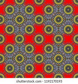 Indifferent discreet. Curved doodling mehndi motif in blue, red and yellow colors. Ethnic colorful harmonious doodle texture. Seamless calming pattern. Vector mehendi design.
