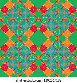 Indifferent discreet. Ethnic colorful harmonious doodle texture. Vector mehendi design. Curved doodling mehndi motif in green, orange and blue colors. Seamless calming pattern.