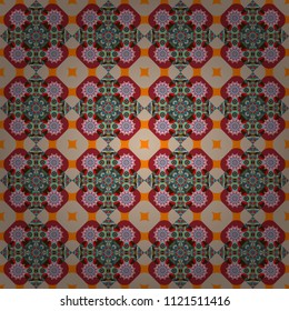 Indifferent discreet. Seamless calming pattern. Curved doodling mehndi motif in yellow, red and blue colors. Ethnic colorful harmonious doodle texture. Vector mehendi design.