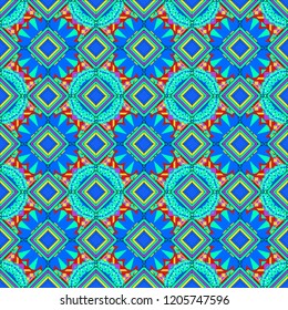 Indifferent discreet. Seamless calming pattern. Ethnic colorful harmonious doodle texture. Vector mehendi design. Curved doodling mehndi motif in blue, yellow and green colors.