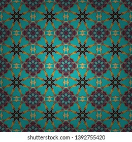 Indifferent discreet. Seamless calming pattern. Vector mehendi design. Ethnic colorful harmonious doodle texture. Curved doodling mehndi motif in blue, brown and purple colors.