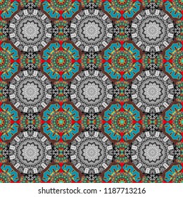 Indifferent discreet. Vector mehendi design. Seamless calming pattern. Ethnic colorful harmonious doodle texture. Curved doodling mehndi motif in blue, gray and brown colors.