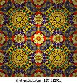Indifferent discreet. Vector mehendi design. Ethnic colorful harmonious doodle texture. Curved doodling mehndi motif in blue, red and yellow colors. Seamless calming pattern.