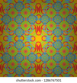 Indifferent discreet. Vector mehendi design. Seamless calming pattern. Curved doodling mehndi motif in blue, green and yellow colors. Ethnic colorful harmonious doodle texture.