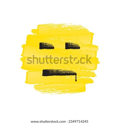 Indifferent Emotionless Happy Face with Straight Mouth Rough Brush Strokes Painting with Paint Drop - Circle Black and Yellow Template on White Background - Vector Mixed Graphic Design