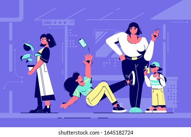 Indifferent people obserbers watching young girl fall and drop smartphone. Abstract concept of woman and boy character looking at human crash and shooting video. Vector illustration.