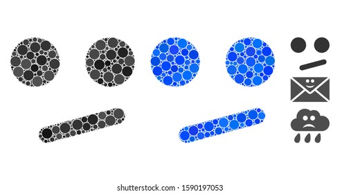 Indifferent smile composition of circle elements in different sizes and color hues, based on indifferent smile icon. Vector circle elements are grouped into blue composition.