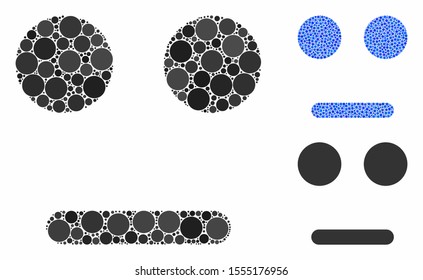Indifferent smiley composition of small circles in variable sizes and color tinges, based on indifferent smiley icon. Vector small circles are composed into blue composition.