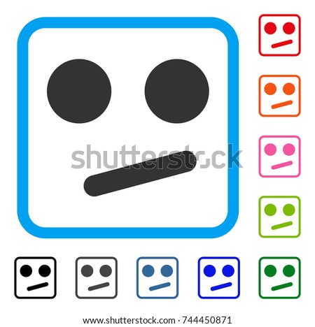 Indifferent Smiley Smile icon. Flat gray pictogram symbol inside a blue rounded rectangular frame. Black, gray, green, blue, red, orange color variants of Indifferent Smiley Smile vector.