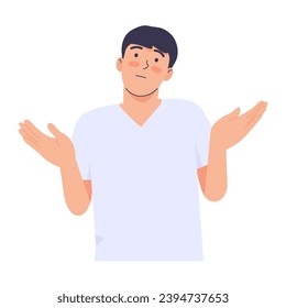 Indifferent young man gestures with open hands and shrugs. Person has a confused and puzzled face. vector character illustration. Isolated on white background.