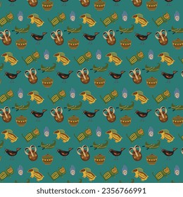 Indigenous african pattern with tribal had draw elements on green background, used for background, wallpater, fabric pattern, printing. Vector IIustration.
