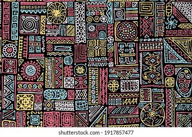 Indigenous african vector seamless ornament. Fashion textile print design. Freehand geometric ethnic tribal boho swatch. Funny doodle patchwork. Decorative embroidery pattern.