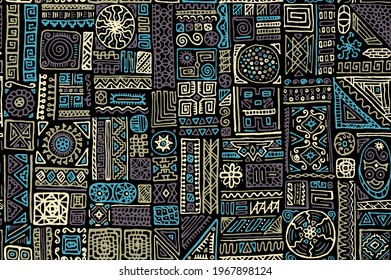 Vector nativo africano de ornamento sin fisuras. Diseño de impresión de tela. Vegetación hecha a mano por las etnias africanas o aztecas. Papel de doodle de época. Diseño de patrones de estilo hipster.