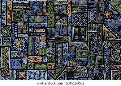 Indigenous african vector seamless pattern. Apparel textile print design. African or american ethnic tribal hand drawn swatch. Creative doodle patchwork. Mix shapes geometry collage.