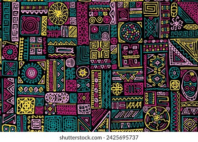 Indigenous african vector seamless pattern. Dress textile print design. Freehand geometric ethnic tribal boho swatch. Simple doodle patchwork. Bohemian style pattern.