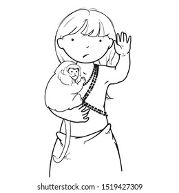 Indigenous Child Asking Us to Stop, Sad Girl Holding a Little Pet Monkey, Vector Illustration About Well being of the Inhabitants of the Wildlands, Coloring Clipart