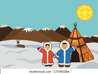 Indigenous circumpolar people near the dwelling