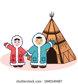 Indigenous circumpolar people near the dwelling. Isolated cartoon image/