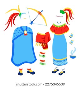Indigenous clothing - flat design style illustration set. High quality colorful images of hunters cloak, loincloth, bow and arrow, sandals, hand and neck jewelry, women dress, traditional dishes