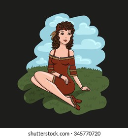 Indigenous Indian woman and summer landscape. Vector hand drawn cartoon style, Cartoon girl.