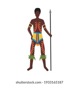 Indigenous Man From Australia With Aboriginal Culture Elements. Cartoon Native Australian Person With Cultural Body Paint Tattoos Holding A Spear, Vector Illustration.