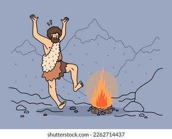 Indigenous man dancing near fire in nature. Tribal male ancestor near campfire in mountains landscape. Vector illustration. 