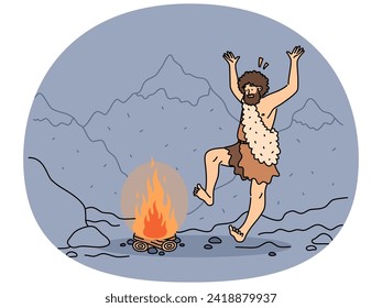 Indigenous man dancing near fire in nature. Tribal male ancestor near campfire in mountains landscape. Vector illustration.