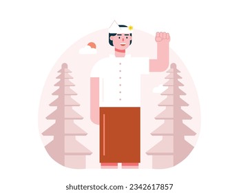 Indigenous men wearing traditional Balinese clothes while at the temple posing with fists in commemoration of Indonesia's birthday. Character design. Vector flat illustration